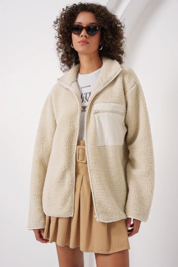 55446 Fermuarlı Oversize Peluş Ceket Mont - Krem resmi