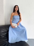 Straplez Pileli Elbise - Açık Mavi resmi