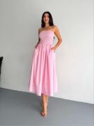 Straplez Pileli Elbise - Pembe resmi