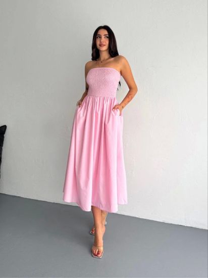Straplez Pileli Elbise - Pembe resmi