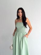 Straplez Pileli Elbise - Su Yeşili resmi