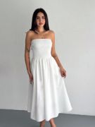 Straplez Pileli Elbise - Beyaz resmi