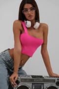 Tek Omuz Crop Bluz resmi