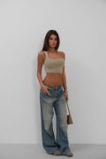 Tek Omuz Crop Bluz resmi