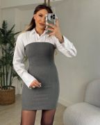 2474 Gömlek Detay Mini Elbise - Antrasit resmi