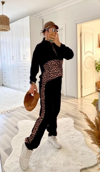 Kadın Uzun Kollu Leopar Detay Sweat Ve Yanı Leopar şerit Detay Pantolon Ikili Takım resmi
