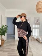 Kadın Uzun Kollu Leopar Detay Sweat Ve Yanı Leopar şerit Detay Pantolon Ikili Takım resmi