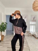 Kadın Uzun Kollu Leopar Detay Sweat Ve Yanı Leopar şerit Detay Pantolon Ikili Takım resmi