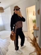 Kadın Uzun Kollu Leopar Detay Sweat Ve Yanı Leopar şerit Detay Pantolon Ikili Takım resmi