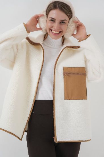 55446 Fermuarlı Oversize Peluş Ceket Mont - Camel resmi