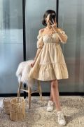 2351 Kloş Poplin Elbise - Krem resmi