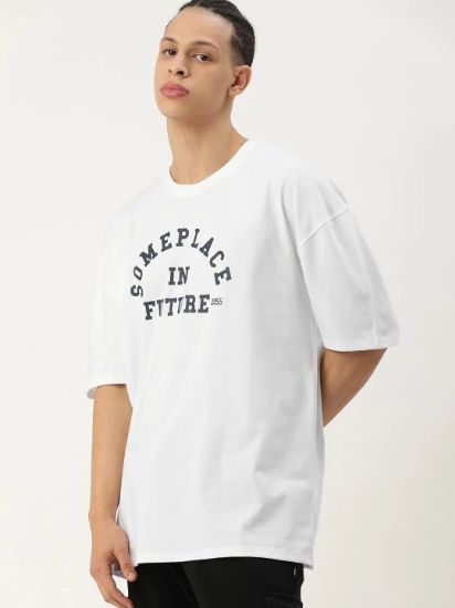 Erkek Baskılı Oversize T-shirt - Beyaz resmi