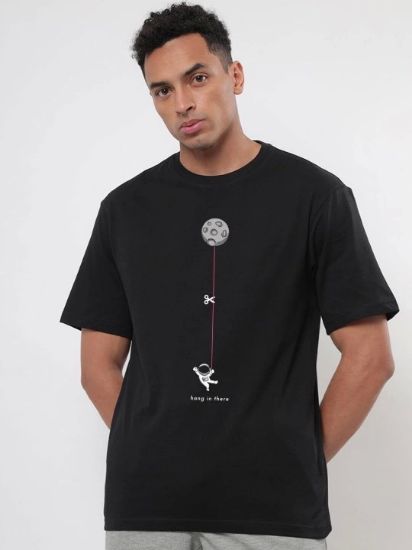Erkek Baskılı Oversize T-shirt - Siyah resmi