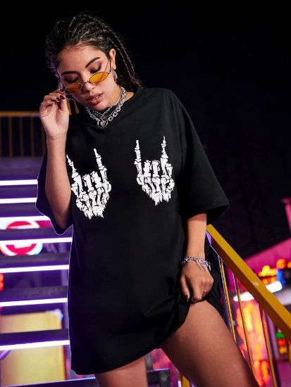 Baskılı Oversize T-shirt - Siyah resmi