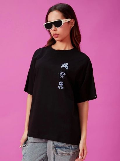 Baskılı Oversize T-shirt - Siyah resmi