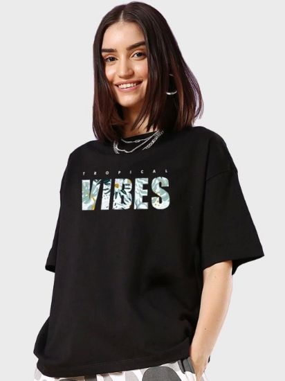 Baskılı Oversize T-shirt - Siyah resmi
