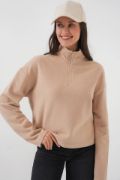 55449 Fermuarlı Yaka Örme Sweatshirt - Camel resmi