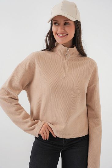 55449 Fermuarlı Yaka Örme Sweatshirt - Camel resmi