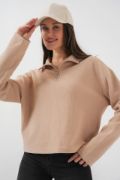 55449 Fermuarlı Yaka Örme Sweatshirt - Camel resmi