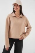 55449 Fermuarlı Yaka Örme Sweatshirt - Camel resmi