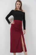 8033 Sandy Yırtmaçlı Etek - Bordo resmi