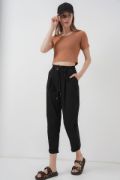 6660 Kemerli Keten Pantolon - Siyah resmi
