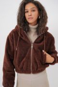 5193 Kapüşonlu Peluş Crop Ceket - Kahverengi resmi