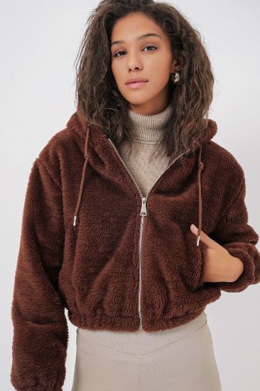 5193 Kapüşonlu Peluş Crop Ceket - Kahverengi resmi