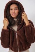 5193 Kapüşonlu Peluş Crop Ceket - Kahverengi resmi