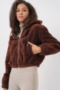 5193 Kapüşonlu Peluş Crop Ceket - Kahverengi resmi