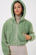 5193 Kapüşonlu Peluş Crop Ceket - E.Yeşil resmi