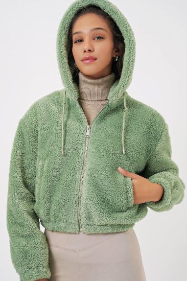 5193 Kapüşonlu Peluş Crop Ceket - E.Yeşil resmi