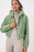 5193 Kapüşonlu Peluş Crop Ceket - E.Yeşil resmi