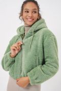 5193 Kapüşonlu Peluş Crop Ceket - E.Yeşil resmi