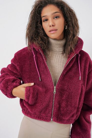 5193 Kapüşonlu Peluş Crop Ceket - Mürdüm resmi