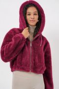 5193 Kapüşonlu Peluş Crop Ceket - Mürdüm resmi