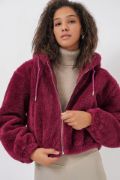 5193 Kapüşonlu Peluş Crop Ceket - Mürdüm resmi