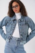 0716 Çift Cepli Crop Kot Ceket - Mavi resmi
