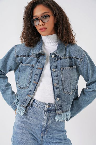 0716 Çift Cepli Crop Kot Ceket - Mavi resmi