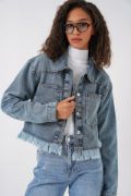 0716 Çift Cepli Crop Kot Ceket - Mavi resmi