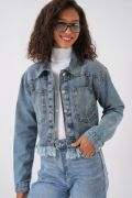 0716 Çift Cepli Crop Kot Ceket - Mavi resmi