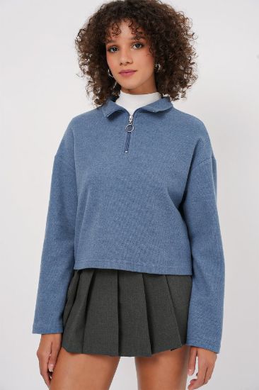 55449 Fermuarlı Yaka Örme Sweatshirt - İndigo resmi