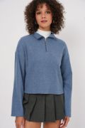55449 Fermuarlı Yaka Örme Sweatshirt - İndigo resmi
