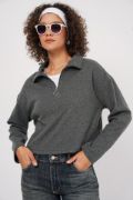 55449 Fermuarlı Yaka Örme Sweatshirt - Antrasit resmi