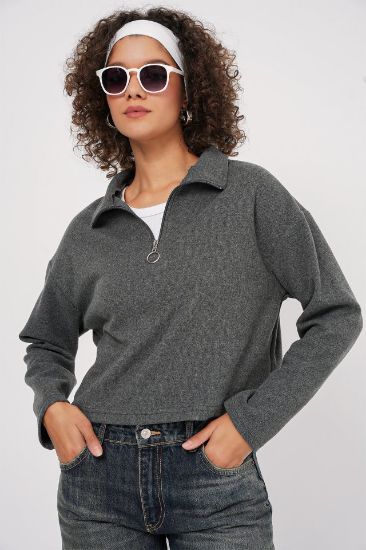 55449 Fermuarlı Yaka Örme Sweatshirt - Antrasit resmi