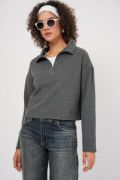 55449 Fermuarlı Yaka Örme Sweatshirt - Antrasit resmi