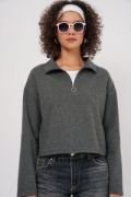 55449 Fermuarlı Yaka Örme Sweatshirt - Antrasit resmi