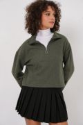 55449 Fermuarlı Yaka Örme Sweatshirt - Haki resmi