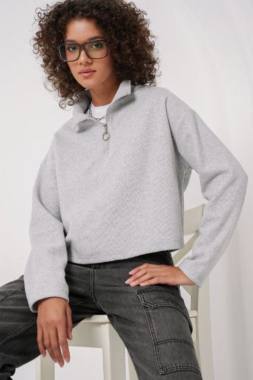 55449 Fermuarlı Yaka Örme Sweatshirt - Gri resmi