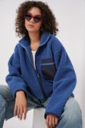 55446 Fermuarlı Oversize Peluş Ceket - Saks resmi